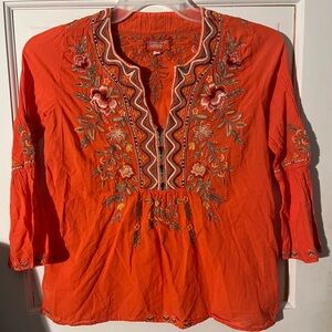 Johnny Was Workshop Vibrant Orange Embroidered Boho Top Women’s XS